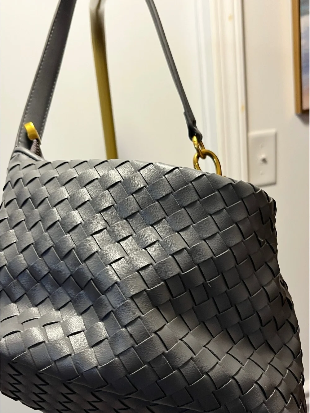 Chic Gray Woven Leather Shoulder Bag with Gold Hardware